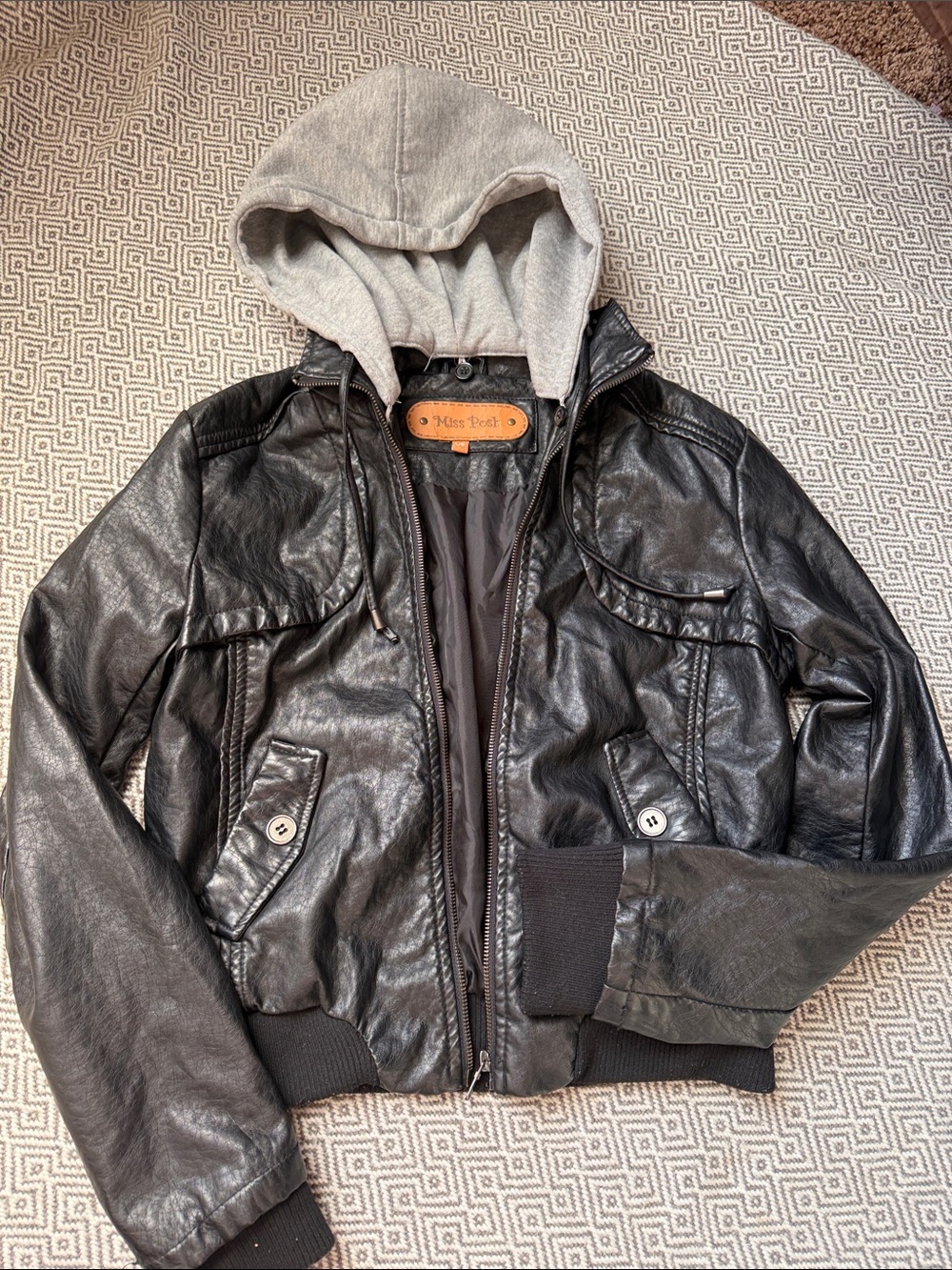 Miss Post Black Faux Leather Hooded Jacket - Picture 4 of 15